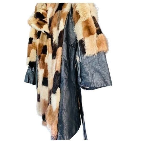 FUR COAT Genuine Y2K Vintage Rabbit Fur Leather Patchwork Long Belted Winter Coa - Thumbnail 8