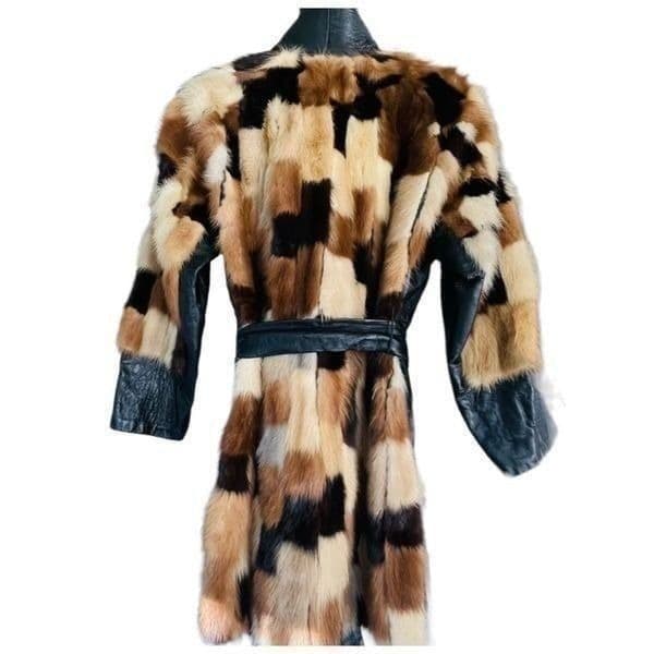 FUR COAT Genuine Y2K Vintage Rabbit Fur Leather Patchwork Long Belted Winter Coa - Thumbnail 4