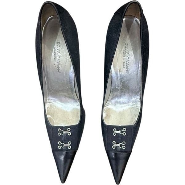 DOLCE & GABBANA Black High Heel Leather Court Pumps D&G Kitten Heel Shoes Dressy - Thumbnail 3