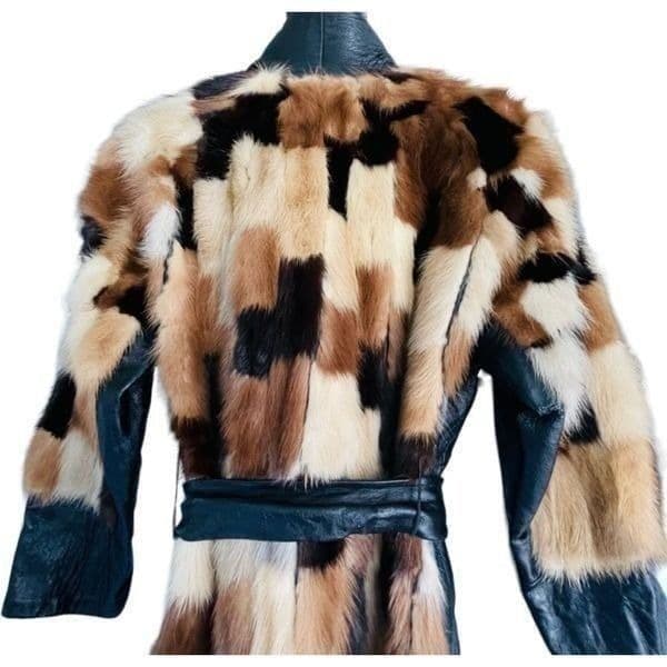 FUR COAT Genuine Y2K Vintage Rabbit Fur Leather Patchwork Long Belted Winter Coa - Thumbnail 6