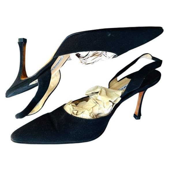 MANOLOL BLAHNIK Carolyne 70 Black Leather Suede Slingback Pumps High Heels Size - Image 1