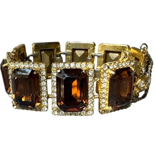 BELLINI Vintage Signed Gold Tone Rhinestone Emerald Cut Brown Crystal Statement - Thumbnail 2