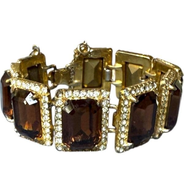 BELLINI Vintage Signed Gold Tone Rhinestone Emerald Cut Brown Crystal Statement - Thumbnail 4