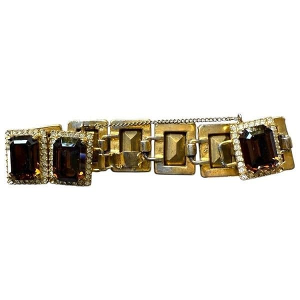 BELLINI Vintage Signed Gold Tone Rhinestone Emerald Cut Brown Crystal Statement - Thumbnail 7