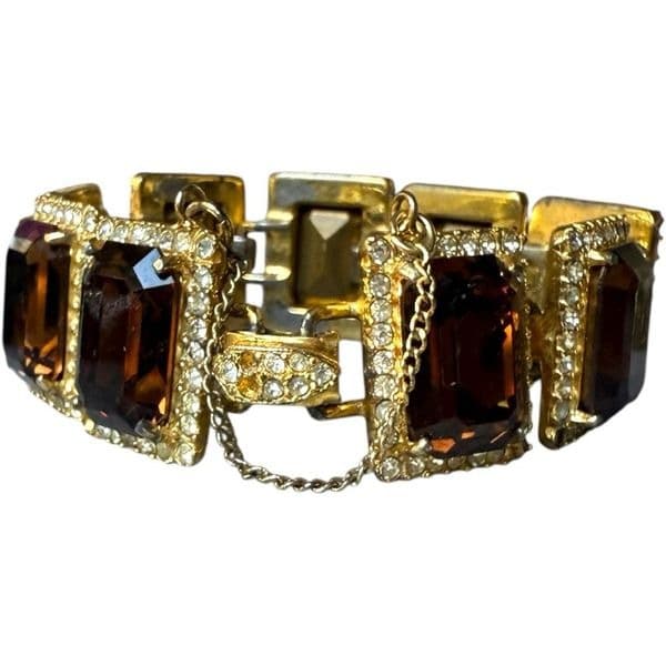 BELLINI Vintage Signed Gold Tone Rhinestone Emerald Cut Brown Crystal Statement - Thumbnail 5