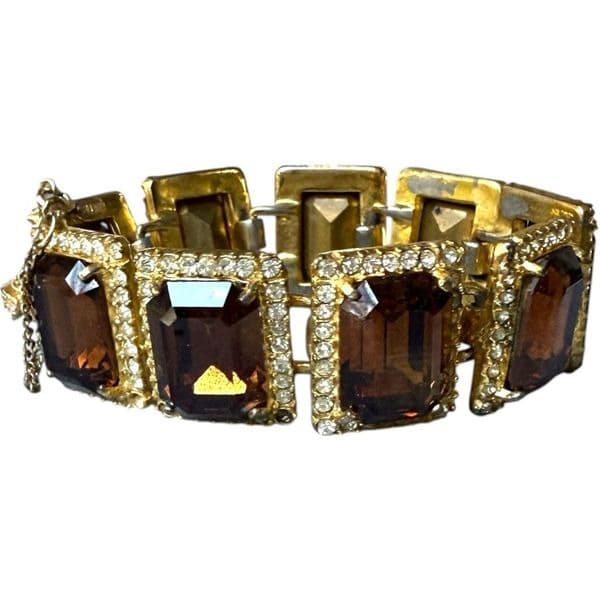 BELLINI Vintage Signed Gold Tone Rhinestone Emerald Cut Brown Crystal Statement - Image 1