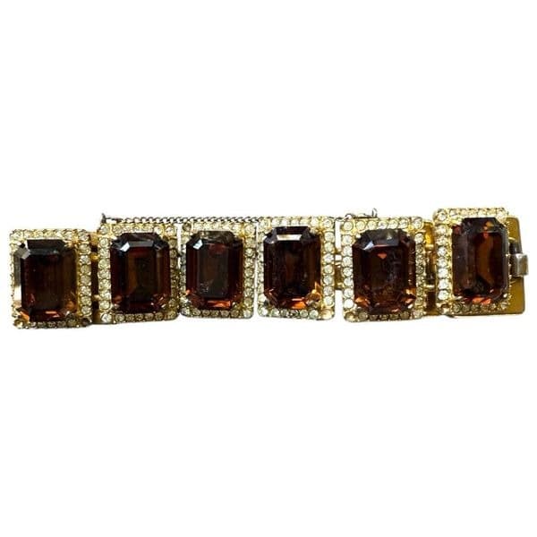 BELLINI Vintage Signed Gold Tone Rhinestone Emerald Cut Brown Crystal Statement - Thumbnail 6