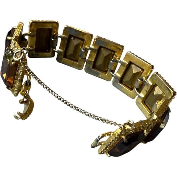 BELLINI Vintage Signed Gold Tone Rhinestone Emerald Cut Brown Crystal Statement - Thumbnail 3