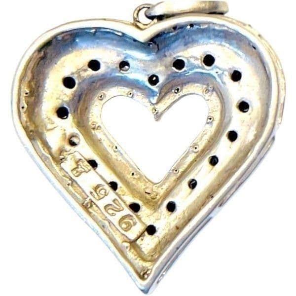 STERLING SILVER Black White Genuine Diamond 925 Heart Pendant Necklace Chain 17” - Thumbnail 4