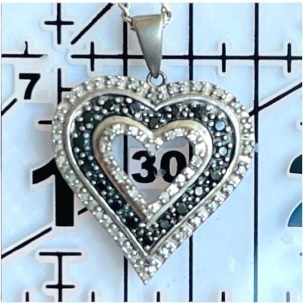 STERLING SILVER Black White Genuine Diamond 925 Heart Pendant Necklace Chain 17” - Thumbnail 2