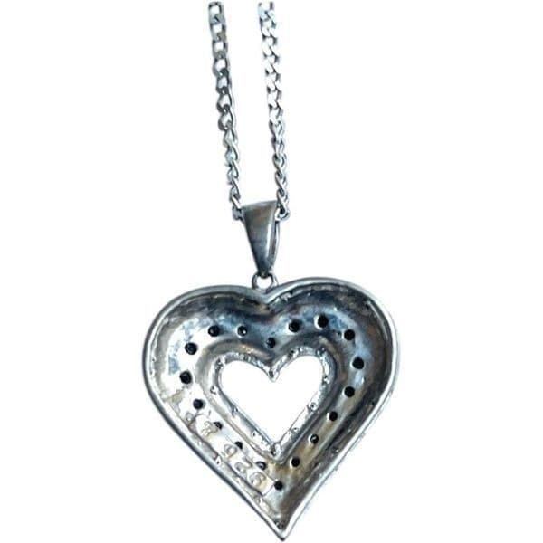 STERLING SILVER Black White Genuine Diamond 925 Heart Pendant Necklace Chain 17” - Thumbnail 3