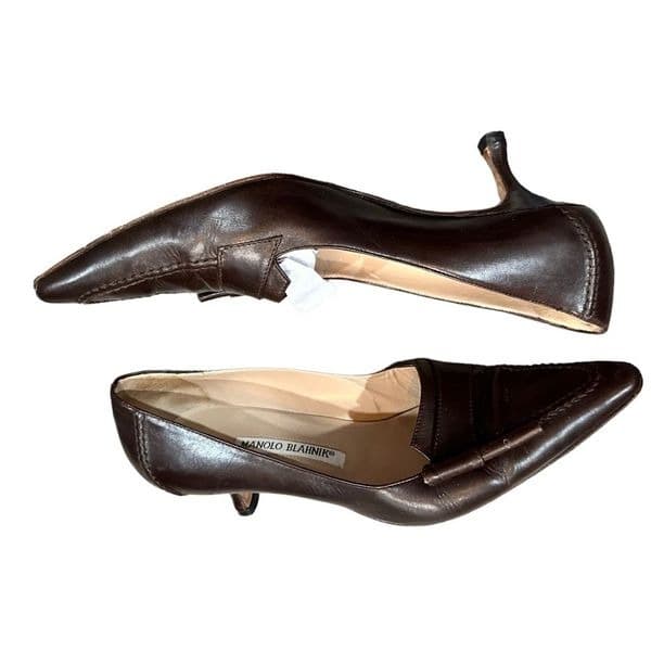 Manolo Blahnik Women's Pumps Pointed Toe Low Kitten Heel Slip On Dark Brown Leat - Thumbnail 11