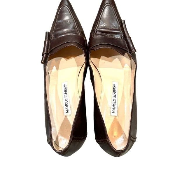 Manolo Blahnik Women's Pumps Pointed Toe Low Kitten Heel Slip On Dark Brown Leat - Thumbnail 7