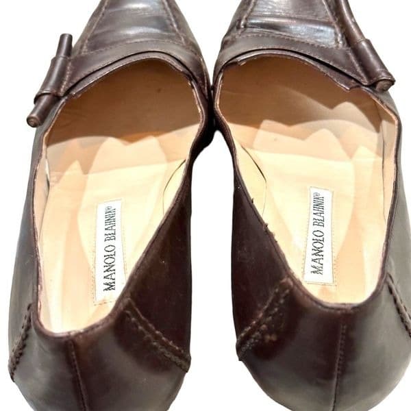 Manolo Blahnik Women's Pumps Pointed Toe Low Kitten Heel Slip On Dark Brown Leat - Thumbnail 8