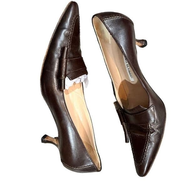 Manolo Blahnik Women's Pumps Pointed Toe Low Kitten Heel Slip On Dark Brown Leat - Thumbnail 10