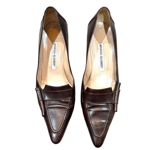 Manolo Blahnik Women's Pumps Pointed Toe Low Kitten Heel Slip On Dark Brown Leat - Thumbnail 3