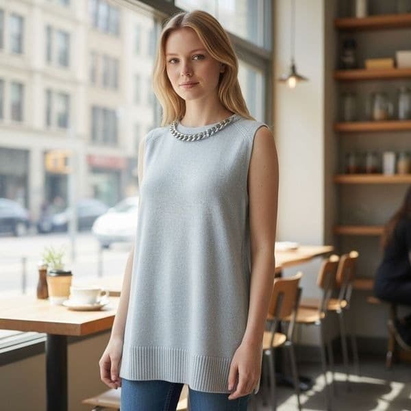 Michael Kors Chain-Neck Sleeveless Sweater Tunic Pearl Heather Gray NWT Size M S - Image 1