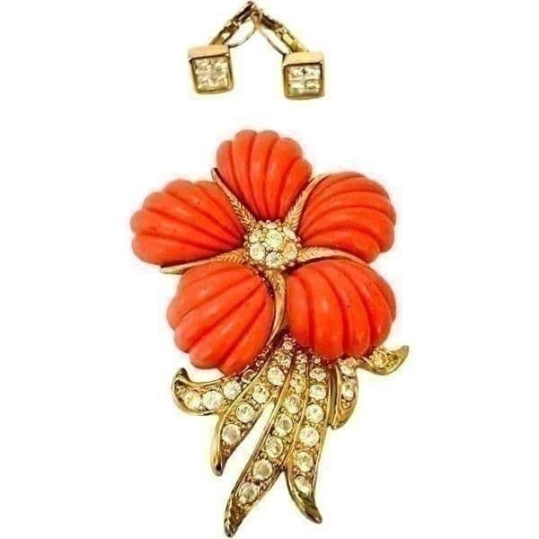NOLAN MILLER Signed Vintage Rhinestone Coral Orange Floral Brooch and Crystal Ea - Thumbnail 4