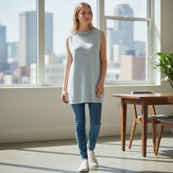 Michael Kors Chain-Neck Sleeveless Sweater Tunic Pearl Heather Gray NWT Size M S - Thumbnail 9