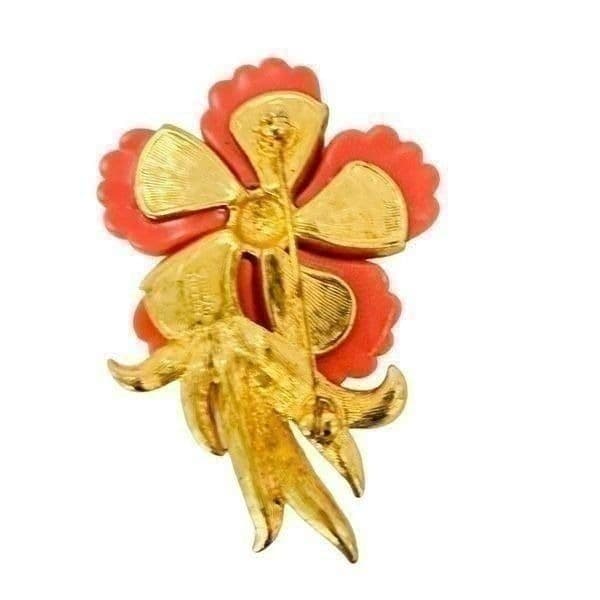 NOLAN MILLER Signed Vintage Rhinestone Coral Orange Floral Brooch and Crystal Ea - Thumbnail 2
