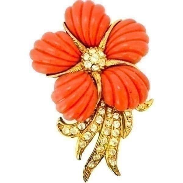 NOLAN MILLER Signed Vintage Rhinestone Coral Orange Floral Brooch and Crystal Ea - Thumbnail 6