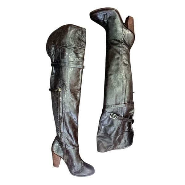 POUR LA VICTOIRE Victorella Dark Brown Leather Over The Knee Boots Shoes Zipper - Thumbnail 2