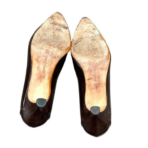 Manolo Blahnik Women's Pumps Pointed Toe Low Kitten Heel Slip On Dark Brown Leat - Thumbnail 4