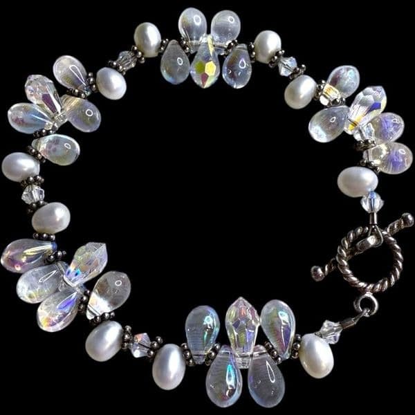 SWAROVSKI Crystal Genuine Freshwater Pearl and Aurora Borealis AB Teardrop Cryst - Image 1