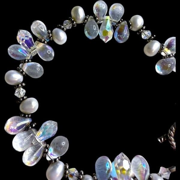 SWAROVSKI Crystal Genuine Freshwater Pearl and Aurora Borealis AB Teardrop Cryst - Thumbnail 3