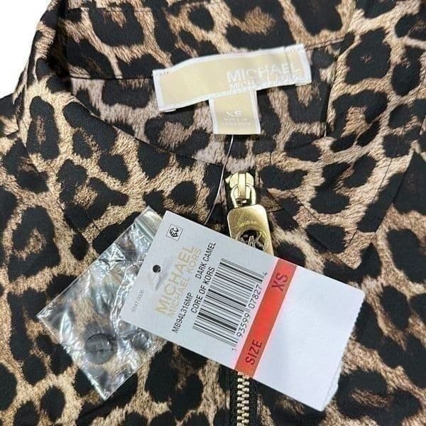 MK MICHAEL KORS Leopard Cheetah Print Long Sleeve Roll Tab Lightweight Zip Up Da - Thumbnail 2