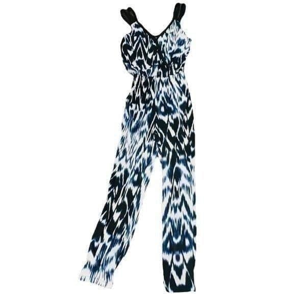 NICOLE MILLER Batik Skin Blue Black White Snakeskin Sleeveless Jumper Romper Jum - Image 1