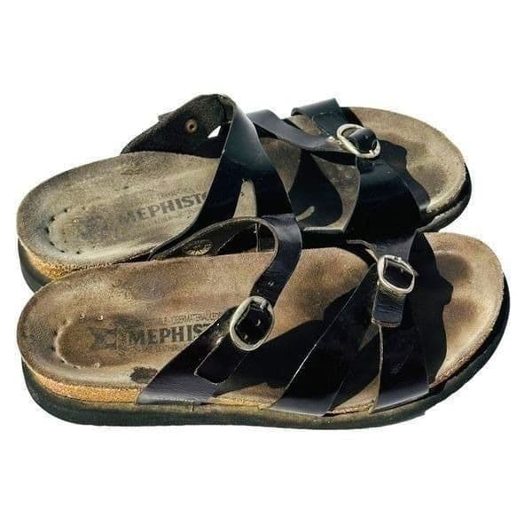 Mephisto Womens Sandals Cork Footbed Double Strap Buckle Slip On Black Size 37 / - Thumbnail 2