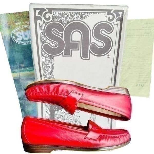 SAS Tripad Comfort Shoes Made In USA Vintage Wink Red Leather Penny Loafers Slip - Thumbnail 3