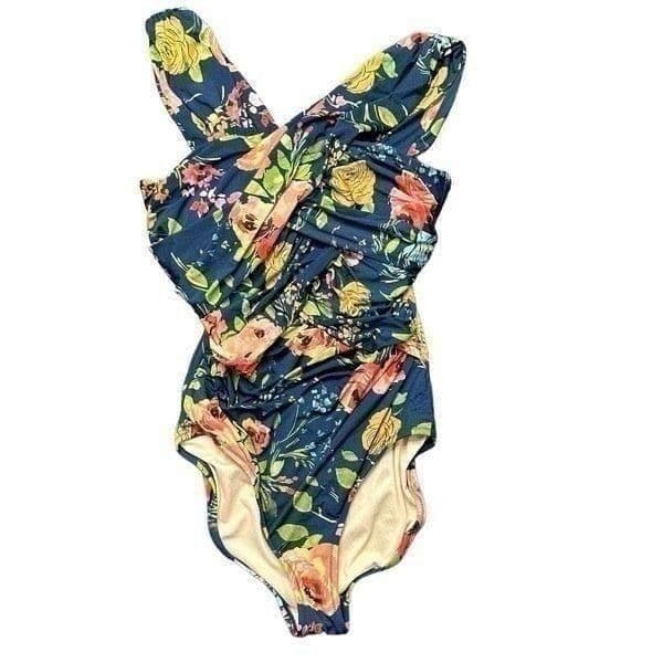 GARNET HILL Ruched Front Navy Daydream Floral Flower Navy One Piece SwimSuit Swi - Thumbnail 2