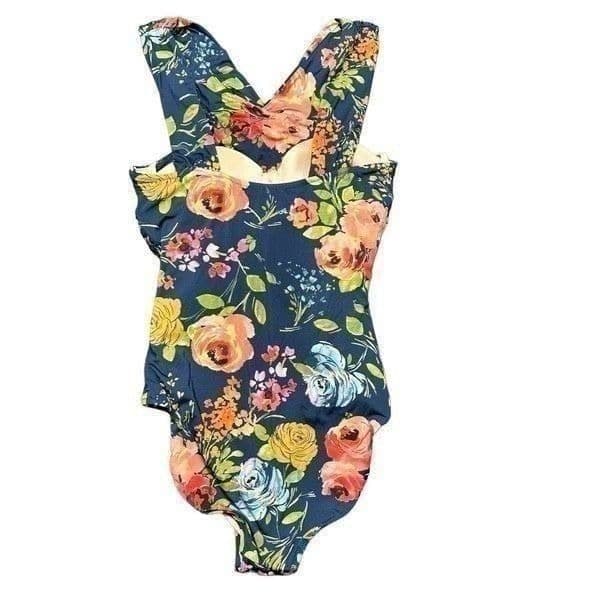 GARNET HILL Ruched Front Navy Daydream Floral Flower Navy One Piece SwimSuit Swi - Thumbnail 4