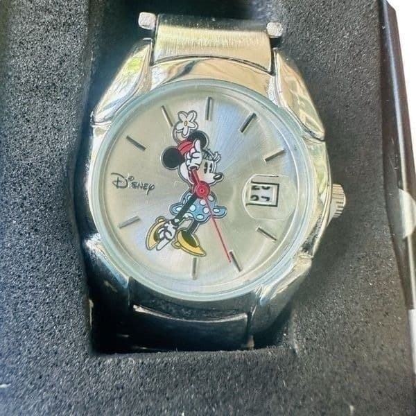 NWT DISNEY ACCUTIME Minnie Mouse Watch New In Box Silver Metallic Band Date Wind - Image 1