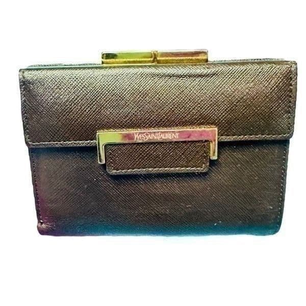 YSL YVES SAINT LAURENT Dark Brown Goldtone Saffiano Leather Kisslock Wallet Bag - Image 1