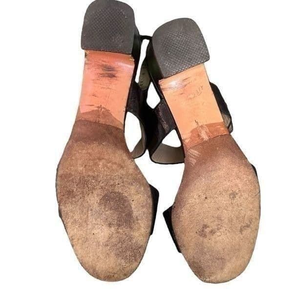 SALVATORE FERRAGAMO Black Silver Leather Handmade In Italy Block Heel Comfortabl - Thumbnail 2