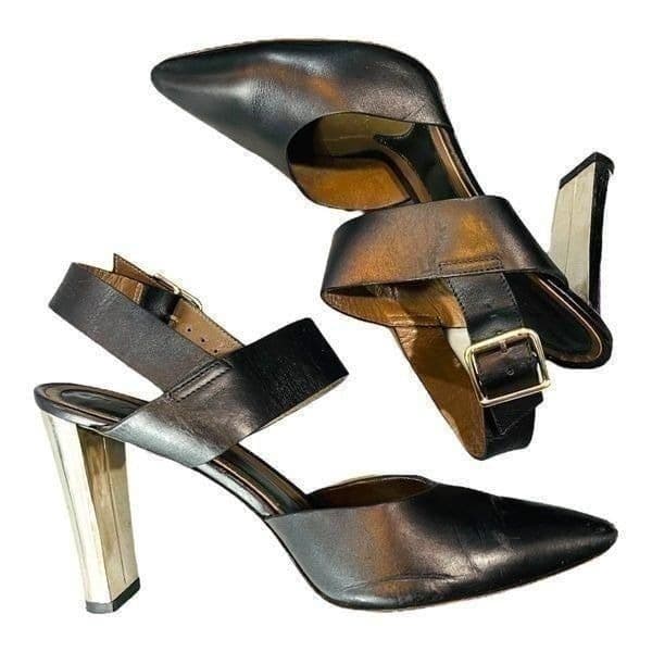 Marni Black and Chrome Block Heel Leather High Heels Pumps Size 9 EUC - Thumbnail 8