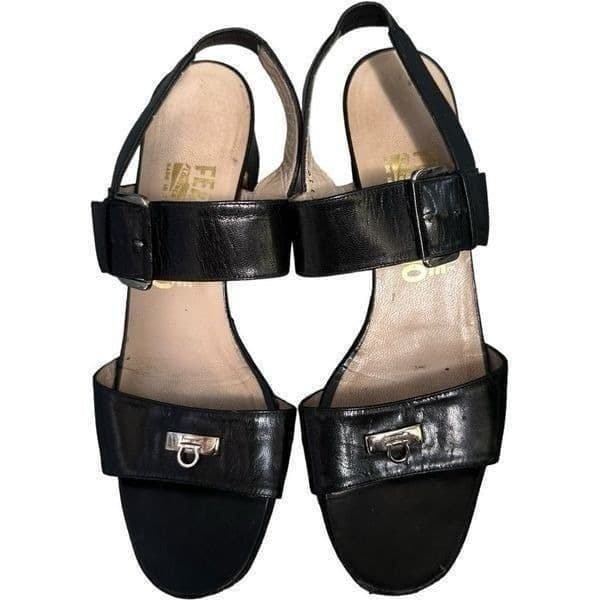 SALVATORE FERRAGAMO Black Silver Leather Handmade In Italy Block Heel Comfortabl - Image 1