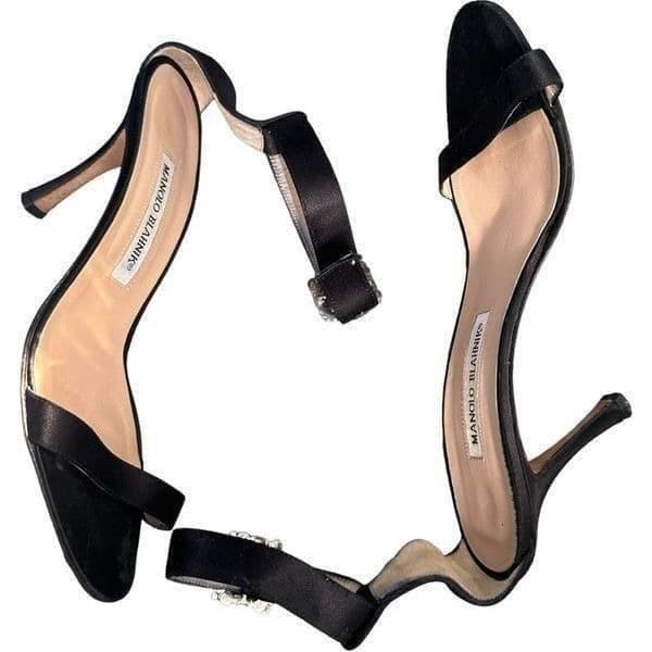 MANOLO BLAHNIK Black Satin Jewel Crystal Buckle Stiletto High Heel Shoes Size 7. - Thumbnail 6