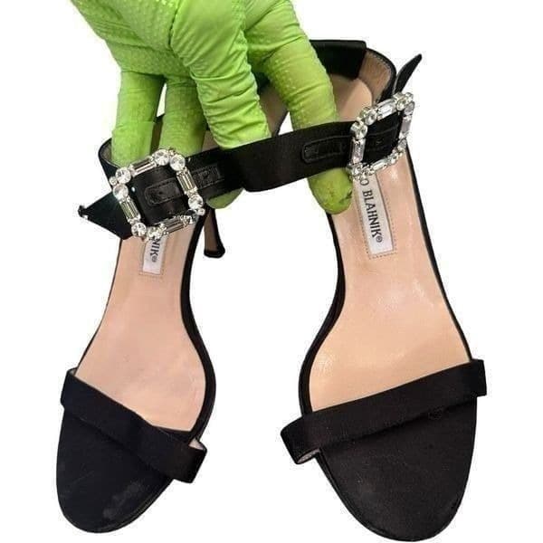 MANOLO BLAHNIK Black Satin Jewel Crystal Buckle Stiletto High Heel Shoes Size 7. - Thumbnail 3