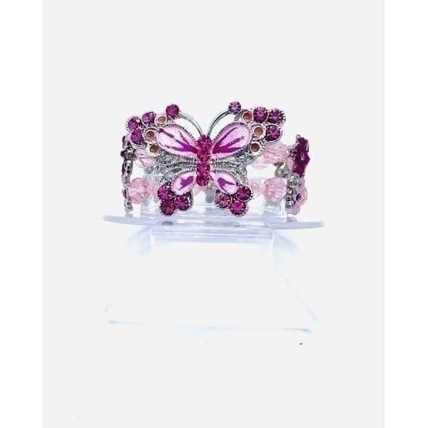 New Pink Magenta Butterfly Multicolor Crystal Silvertone Stretch Bracelet - Image 1