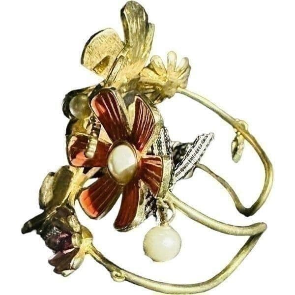 BETSEY JOHNSON Vintage Floral 3D Flower Girl Dragonfly Large Cuff Bracelet RARE - Thumbnail 5