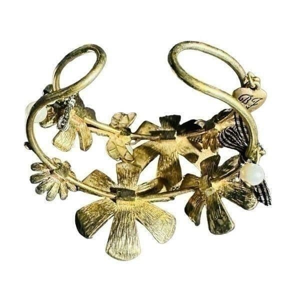 BETSEY JOHNSON Vintage Floral 3D Flower Girl Dragonfly Large Cuff Bracelet RARE - Thumbnail 2