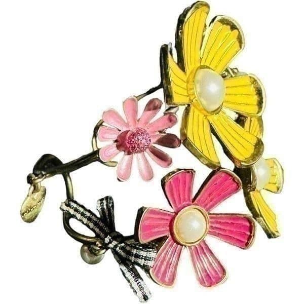 BETSEY JOHNSON Vintage Floral 3D Flower Girl Dragonfly Large Cuff Bracelet RARE - Thumbnail 4