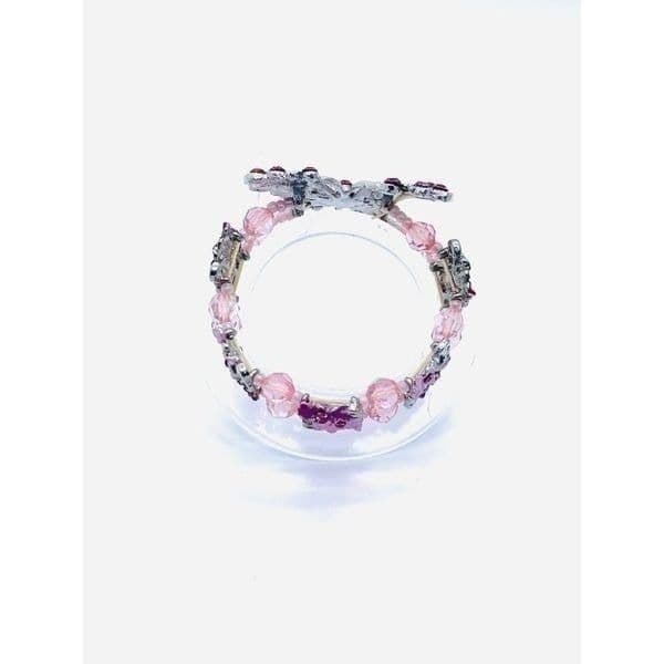 New Pink Magenta Butterfly Multicolor Crystal Silvertone Stretch Bracelet - Thumbnail 3