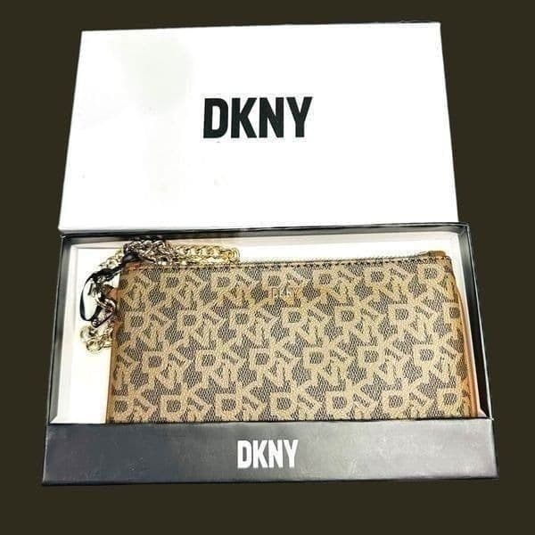 DKNY Womens Wristlet Bag Leather Signature Logo Brown Tan Boxed NWT - Image 1