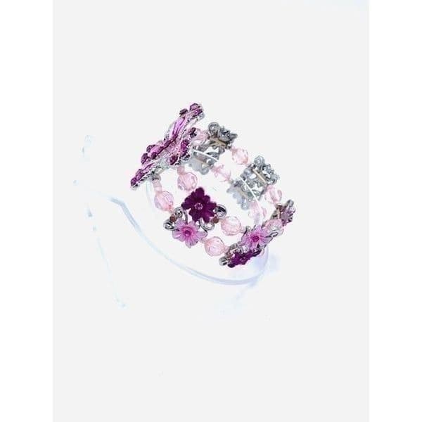 New Pink Magenta Butterfly Multicolor Crystal Silvertone Stretch Bracelet - Thumbnail 2