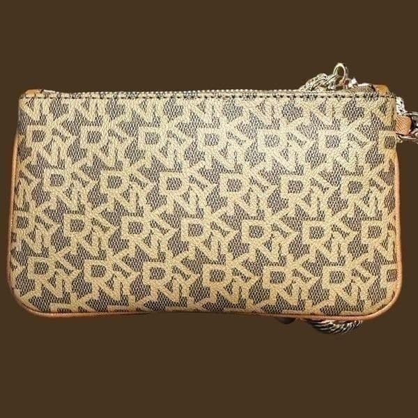 DKNY Womens Wristlet Bag Leather Signature Logo Brown Tan Boxed NWT - Thumbnail 3